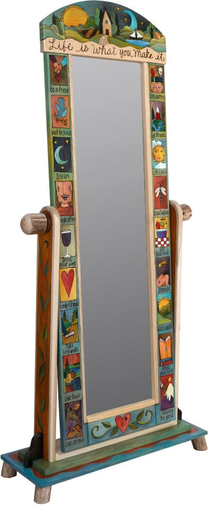 Wardrobe Mirror on Stand –  "Life is what you Make it" mirror on stand with sun and moon over cozy cottage in the rolling hills motif