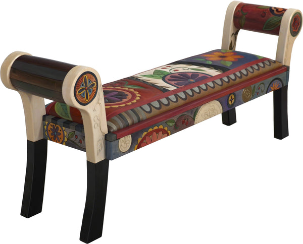 Rolled Arm Bench with Leather Seat –  Beautifully colorful rolled arm bench with leather seat with fun contemporary floral motif