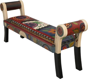 Rolled Arm Bench with Leather Seat –  Beautifully colorful rolled arm bench with leather seat with fun contemporary floral motif