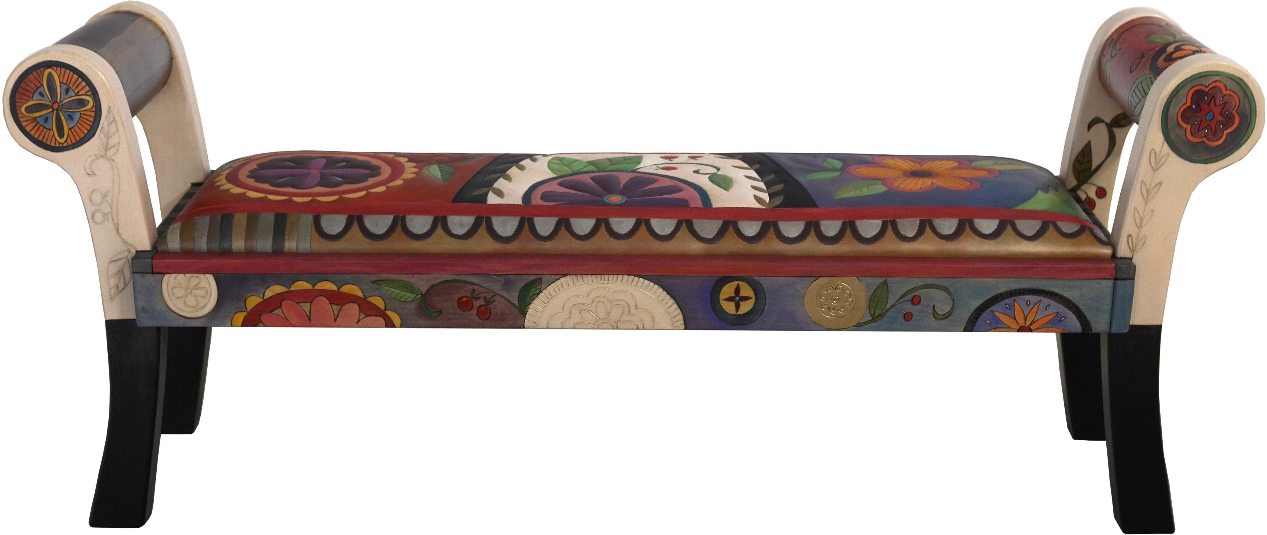 Rolled Arm Bench with Leather Seat –  Beautifully colorful rolled arm bench with leather seat with fun contemporary floral motif