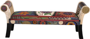 Rolled Arm Bench with Leather Seat –  Beautifully colorful rolled arm bench with leather seat with fun contemporary floral motif
