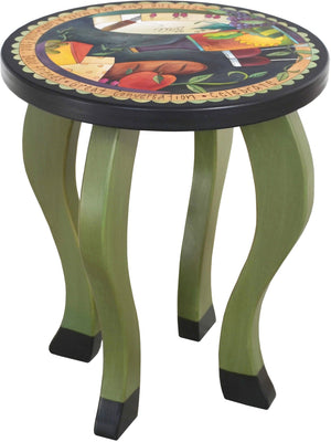 Round End Table –  Handsomely painted end table with banquet imagery