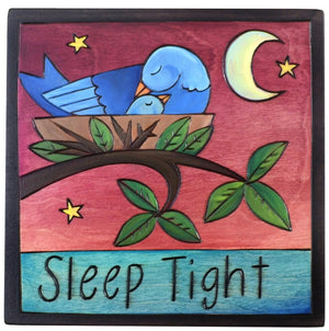 Sticks handmade wall plaque with "Sleep Tight" quote and cute bird nest at night