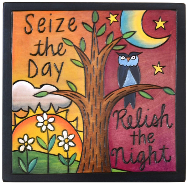 Sticks handmade wall plaque with "Seize the Day, Relish the Night" quote, tree of life, owl and flowers