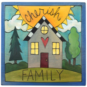 Sticks handmade wall plaque with "Cherish Family" quote and heart home imagery