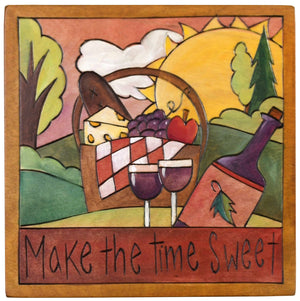 Sticks handmade wall plaque with "Make the time sweet" quote and picnic basket imagery with wine