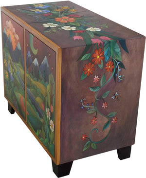 Media Buffet –  Gorgeous media cabinet featuring rolling mountains and foothills landscape with sun and moon and wildflowers