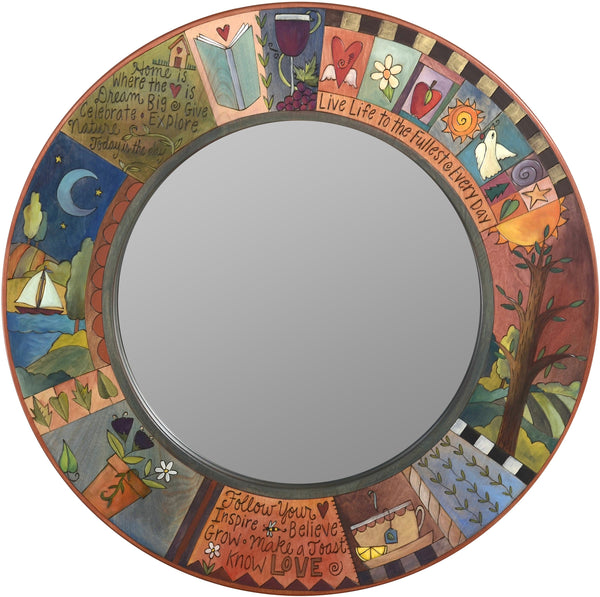 Large Circle Mirror –  Round wall mirror with inspirational messages, colorful block icons and patterns