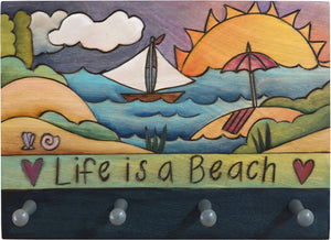 Horizontal Key Ring Plaque –  "Live is a Beach" coastal themed key ring plaque with beach elements