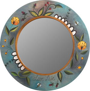 Large Circle Mirror –  Large round mirror with floral motifs and garden theme, "Love Life"