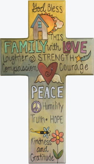 Cross Plaque –  Family/Love/Peace cross plaque with yellow themed words and home motif
