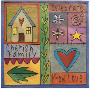Sticks handmade wall plaque with "Cherish Family, Celebrate and Know Love" quotes with colorful block icons