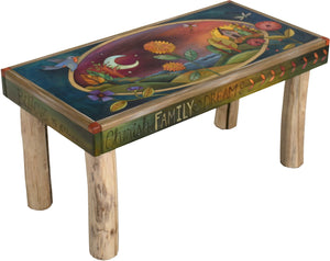 Sticks handmade 3' bench with lovely folk art landscape and contemporary floral design