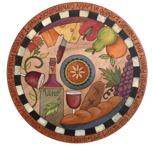 Sticks Handmade 20"D lazy susan with wine, cheese, fruit and bread