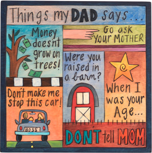 "Things my dad says" plaque with classic dad euphemisms and matching icons