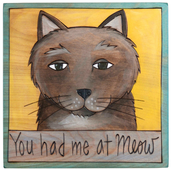 Sticks handmade wall plaque with "You had me at Meow" quote and cute grey cat