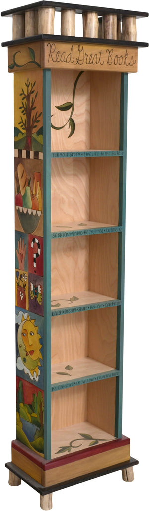 Tall Bookcase –  Lovely tall bookcase with vine motifs and colorful block icons