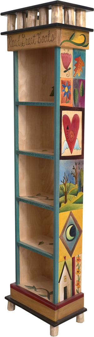 Tall Bookcase –  Lovely tall bookcase with vine motifs and colorful block icons