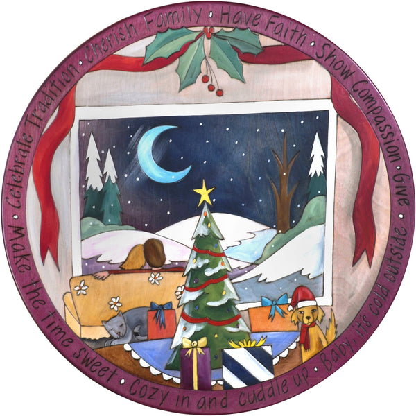 20" Holiday Lazy Susan – A cozy Christmas couple taking in the peaceful winter landscape in a light and bright palette