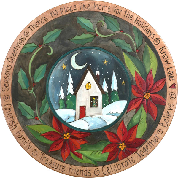 Sticks Handmade 20"D lazy susan with poinsettias and snowy landscape