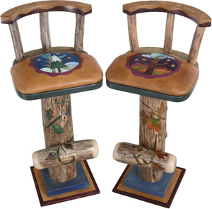 Swiveling Stool Set with Backs and Leather Seats –  Unique and eclectic folk art stools with beautifully hand painted four seasons motifs 
