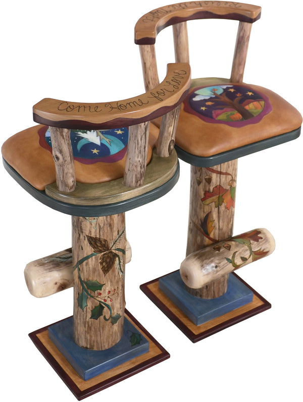 Swiveling Stool Set with Backs and Leather Seats –  Unique and eclectic folk art stools with beautifully hand painted four seasons motifs 