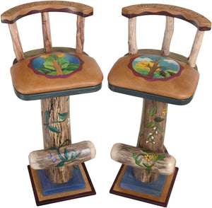 Swiveling Stool Set with Backs and Leather Seats –  Two piece stool set with spring and summer motifs
