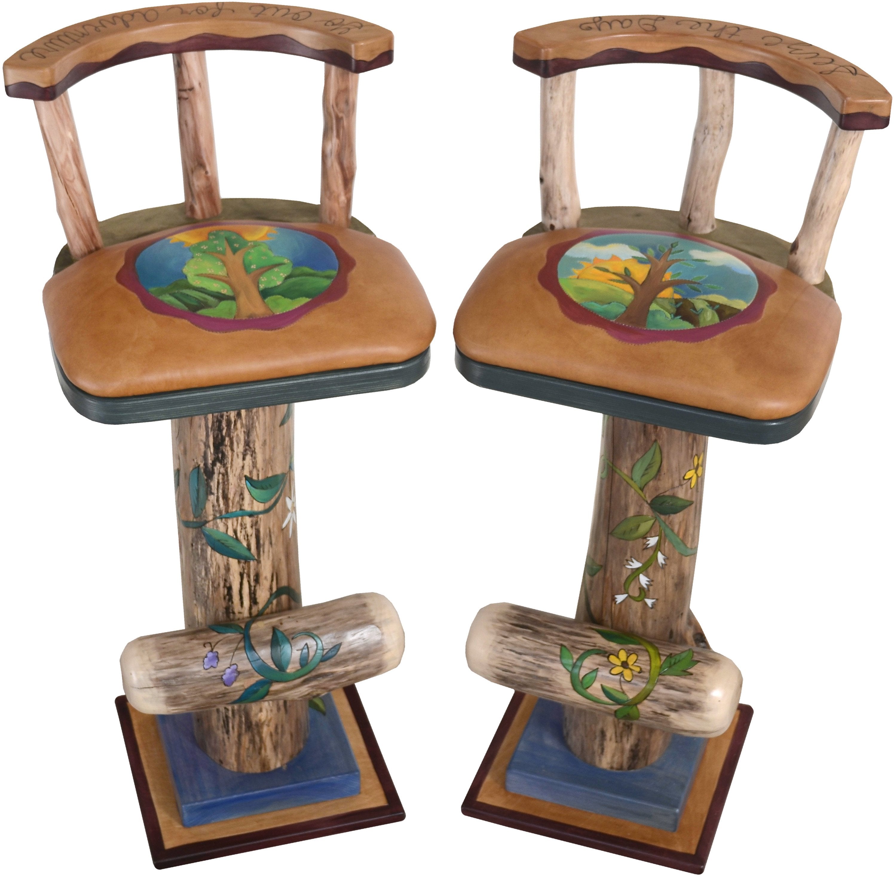 Swiveling Stool Set with Backs and Leather Seats –  Unique and eclectic folk art stools with beautifully hand painted four seasons motifs 