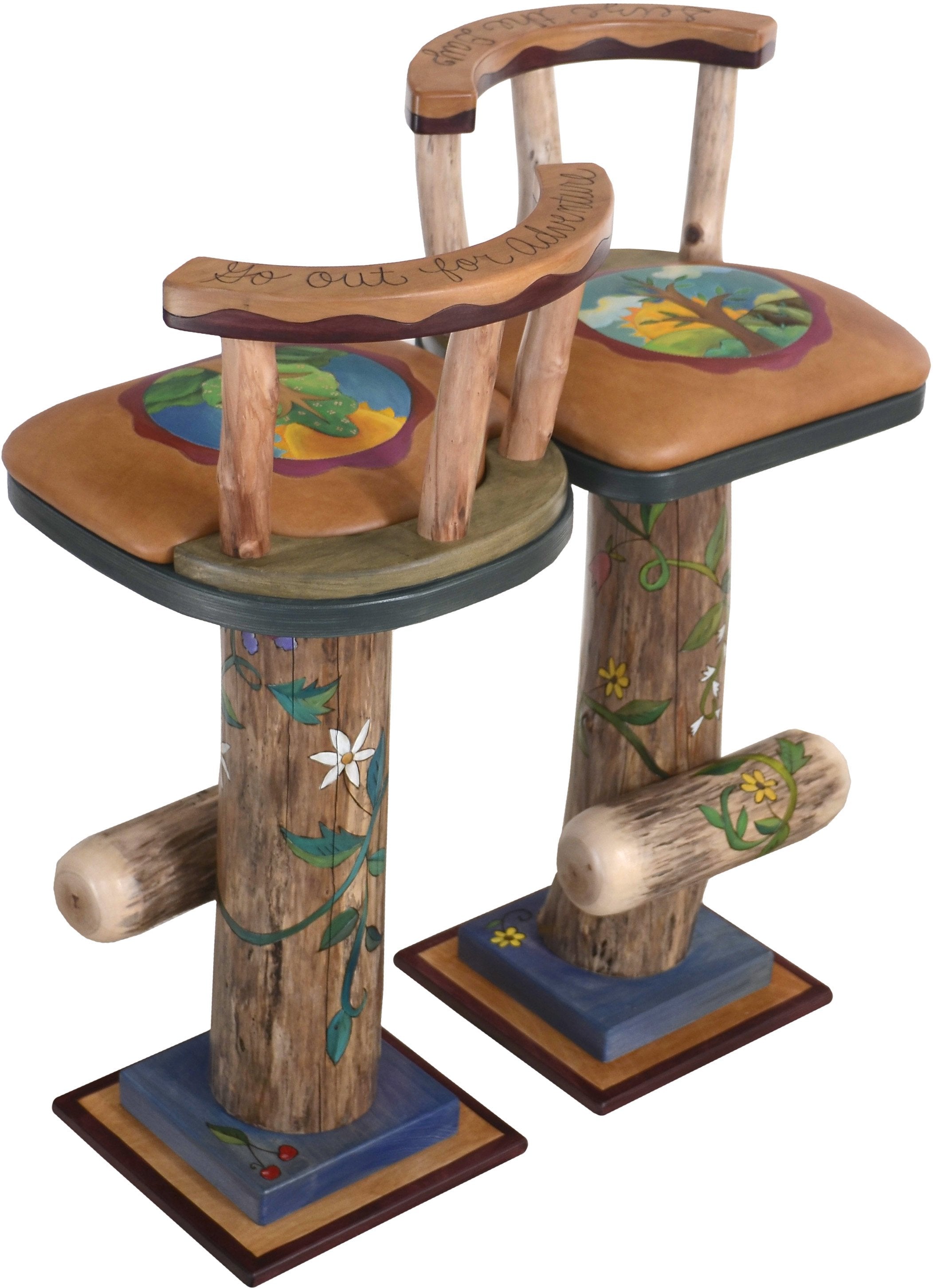 Swiveling Stool Set with Backs and Leather Seats –  Unique and eclectic folk art stools with beautifully hand painted four seasons motifs 