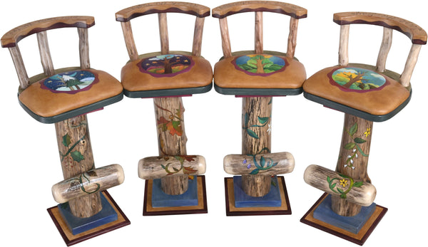 Swiveling Stool Set with Backs and Leather Seats –  Unique and eclectic folk art stools with beautifully hand painted four seasons motifs 