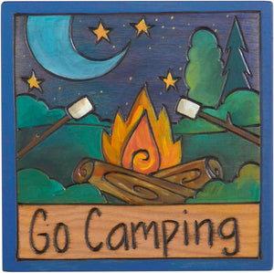 7"x7" Plaque –  "Go camping" bonfire and s'mores motif