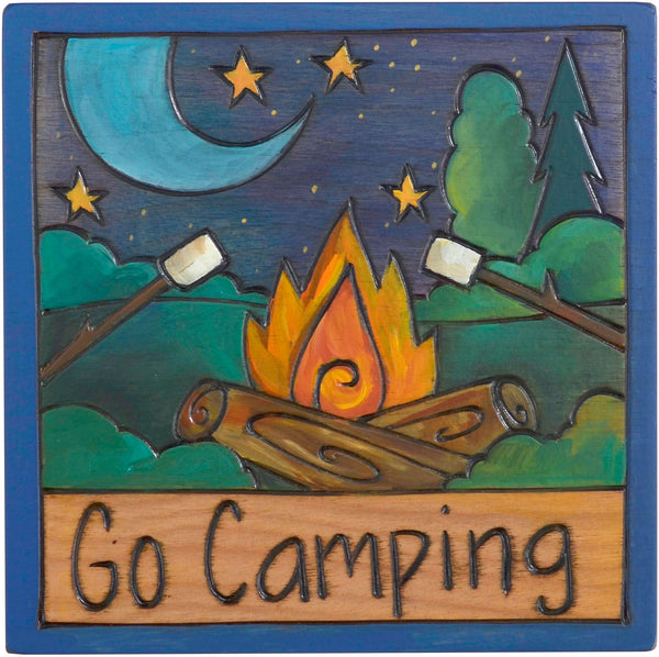 7"x7" Plaque –  "Go camping" bonfire and s'mores motif