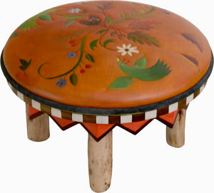 Round Ottoman –  Beautiful nature ottoman design with vines, floral stems, birds, and bees main view