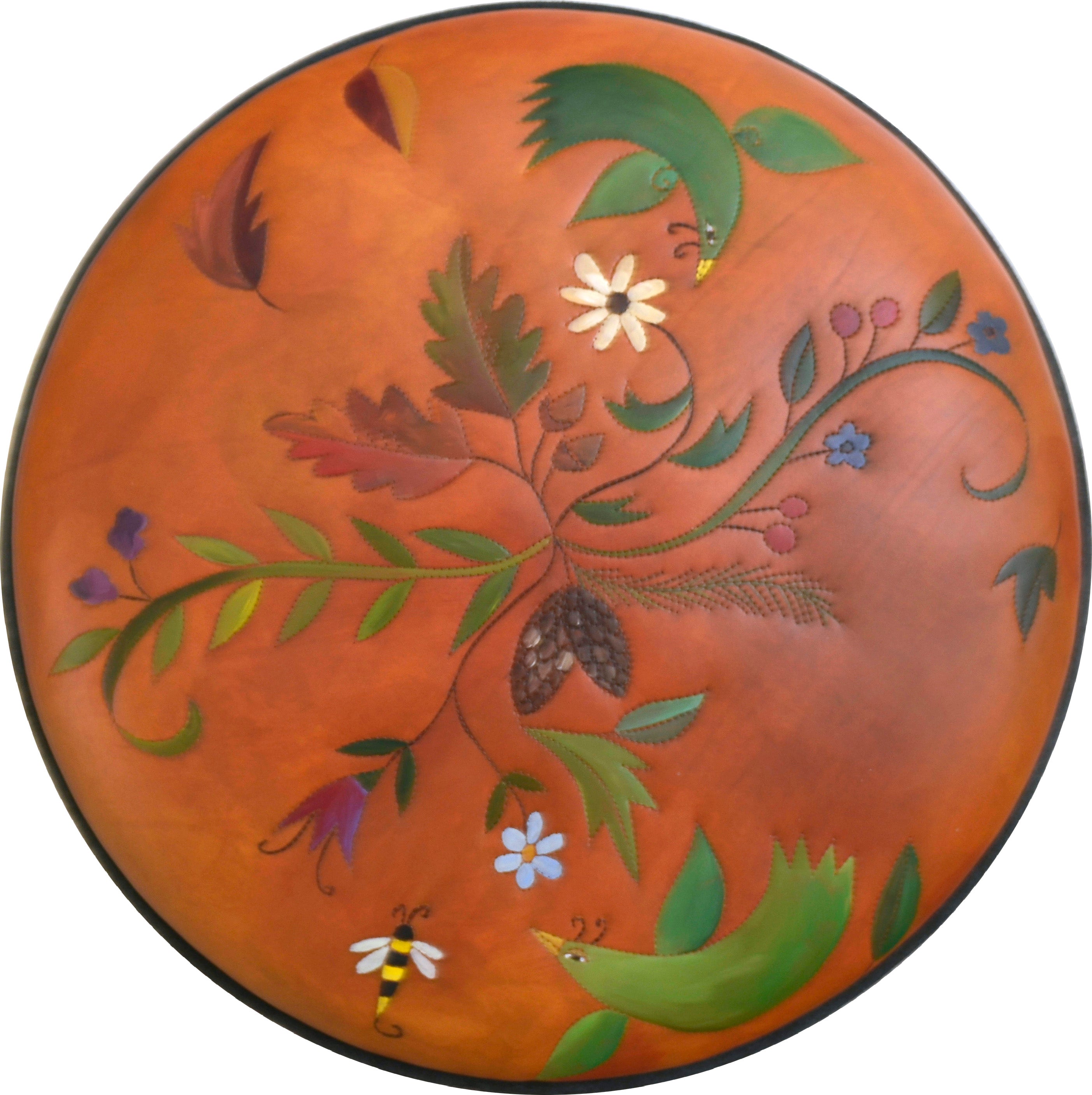 Round Ottoman –  Beautiful nature ottoman design with vines, floral stems, birds, and bees top view