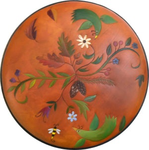Round Ottoman –  Beautiful nature ottoman design with vines, floral stems, birds, and bees top view