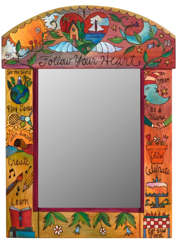 Medium Mirror –  Mirror with floating icons and a lovely heart and floral vine top