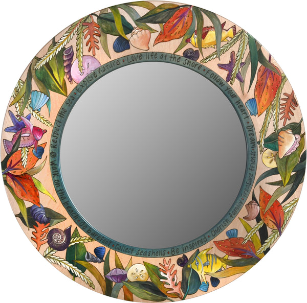 Large Circle Mirror –  Eclectic folk art mirror with all variety of shells and sea flora