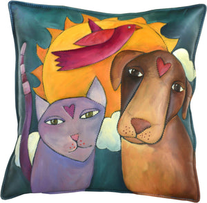 Leather Pillow –  Dog and cat love pillow with sunrise
