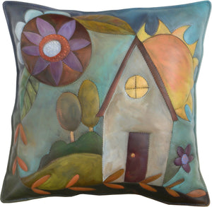 Leather Pillow –  Pastel pillow with pretty home, landscape, flower and sun
