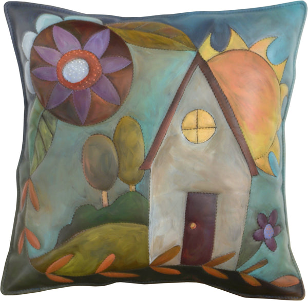 Leather Pillow –  Pastel pillow with pretty home, landscape, flower and sun