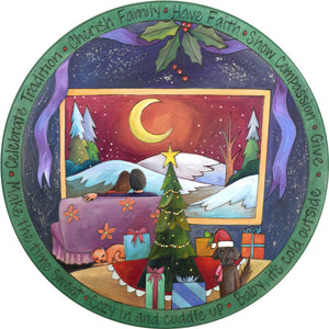 20" Holiday Lazy Susan – A cozy Christmas couple taking in the peaceful winter landscape in gorgeous moody colors