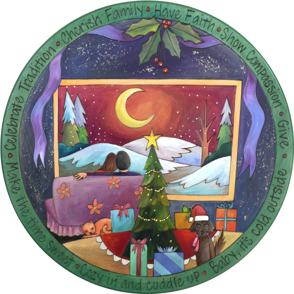 20" Holiday Lazy Susan – A cozy Christmas couple taking in the peaceful winter landscape in gorgeous moody colors