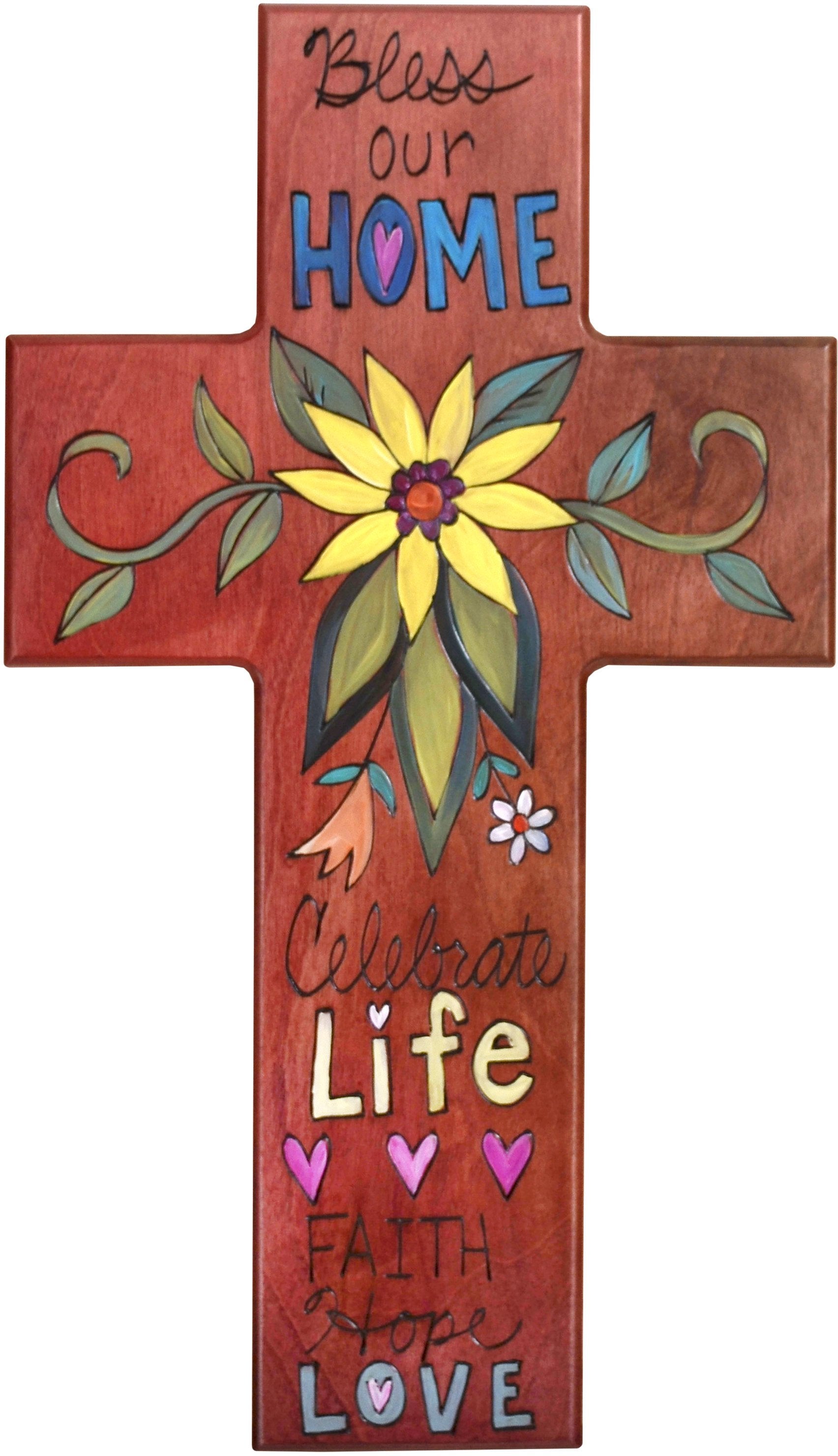 Cross Plaque –  Bless our Home/Celebrate Life cross plaque with floral motif