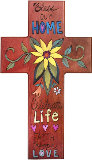 Cross Plaque –  Bless our Home/Celebrate Life cross plaque with floral motif