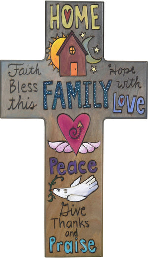 Cross Plaque –  Bless this Family with Love cross plaque with home and heart motif