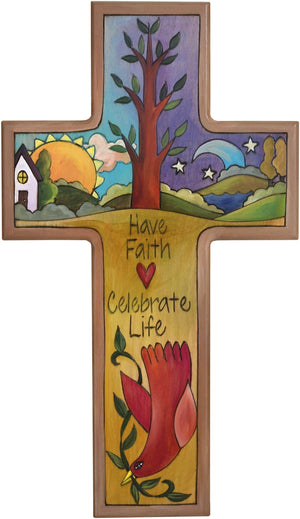 Cross Plaque –  Have Faith/Celebrate Life cross plaque with sun and moon on the horizon with home motif