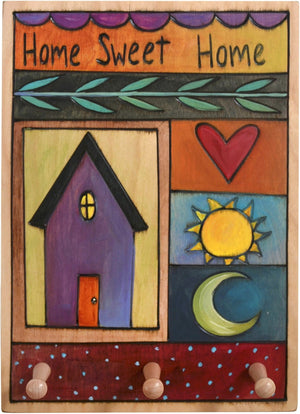 Vertical Key Ring Plaque –  "Home Sweet Home," colorful key ring plaque with block icons