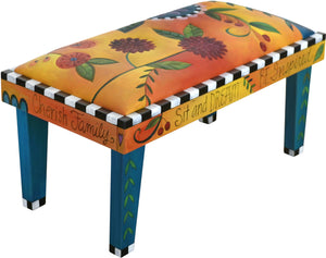Sticks handmade 3' bench with leather and contemporary floral design