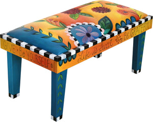 Sticks handmade 3' bench with leather and contemporary floral design