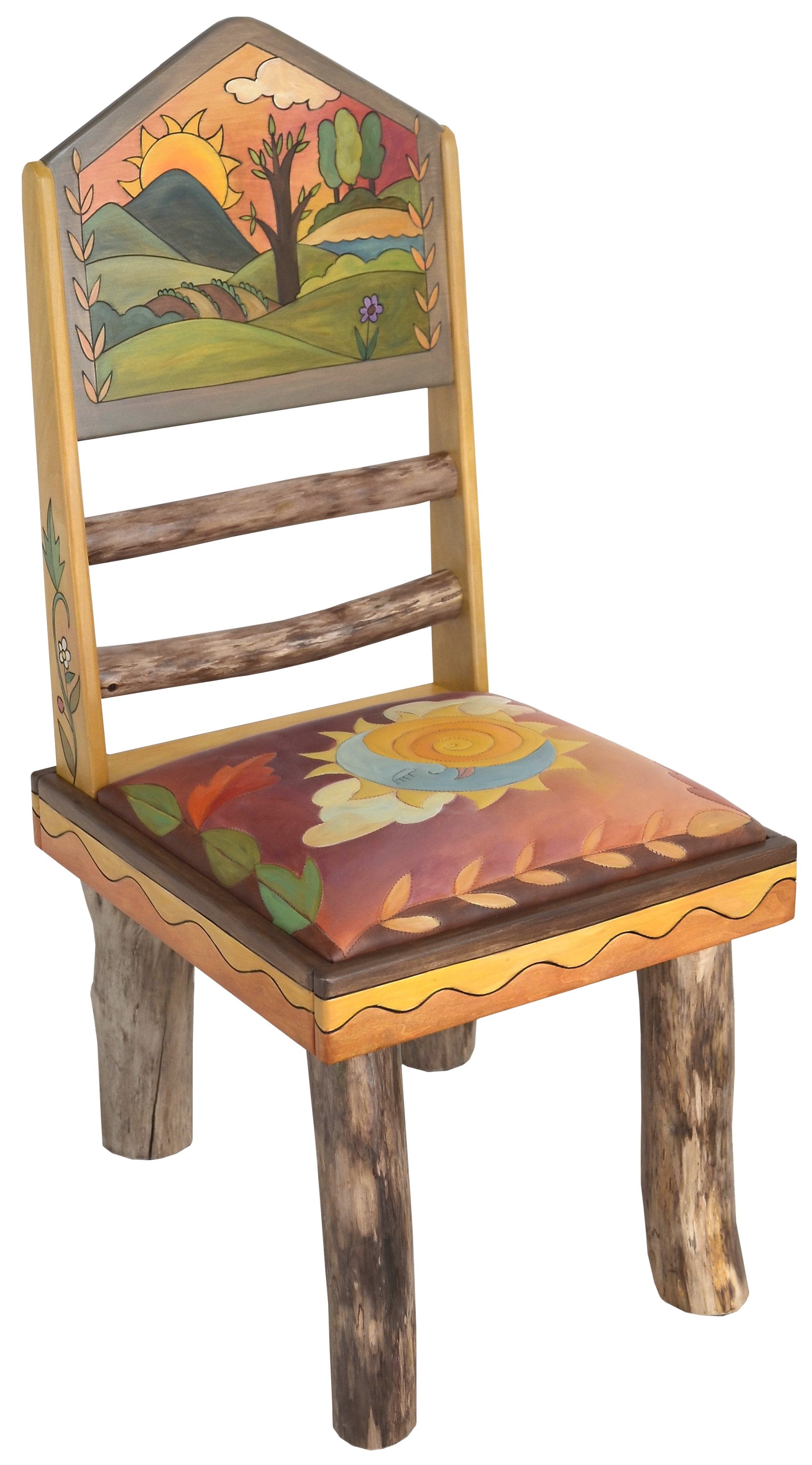 Sticks Side Chair with Leather Seat –  Lovely colorful chair with pastel hues and rolling mountain landscapes, 